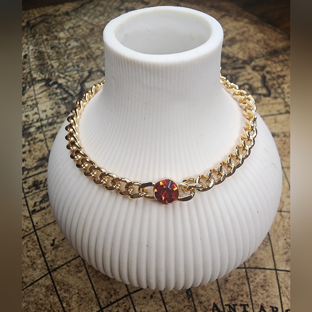 SLIDE 18k Gold Plated Stainless Steel Red Stone Necklace & Bracelet Set